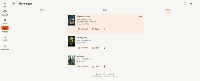 „Movie night“ auf dem Desktop: drei Matches mit Zeitpunkt und Dienst — den ersten haben du, Mia und Jonas alle gelikt.