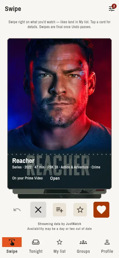 Der Swipe-Stapel: ein Serienposter mit der Zeile ‚On your Prime Video‘ und ‚Open‘-Button, darunter Icon-Buttons für Rückgängig, Passen, Zur Liste, Favorit und Liken