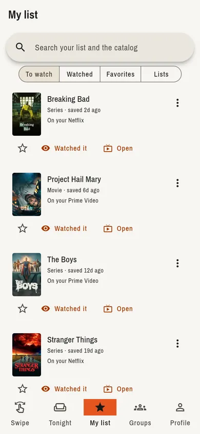 ‚My list‘: vier gespeicherte Titel mit dem Dienst, auf dem sie laufen, und ein Suchfeld über Liste und Katalog.